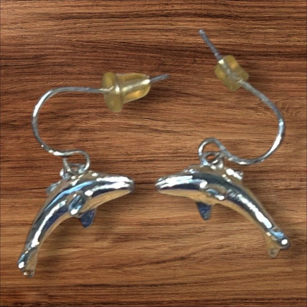 Silver Tone Dolphin Dangle Earrings 1”